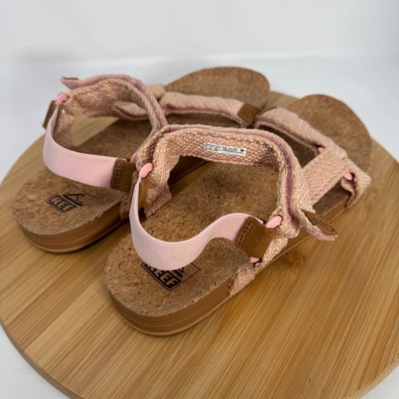Reef Cushion Rem Pink Tan Woven Strappy Cork Footbed Sandals Womens 9 D-22 JHV - Picture 8 of 11